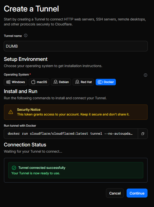 Cloudflare tunnel ready screen